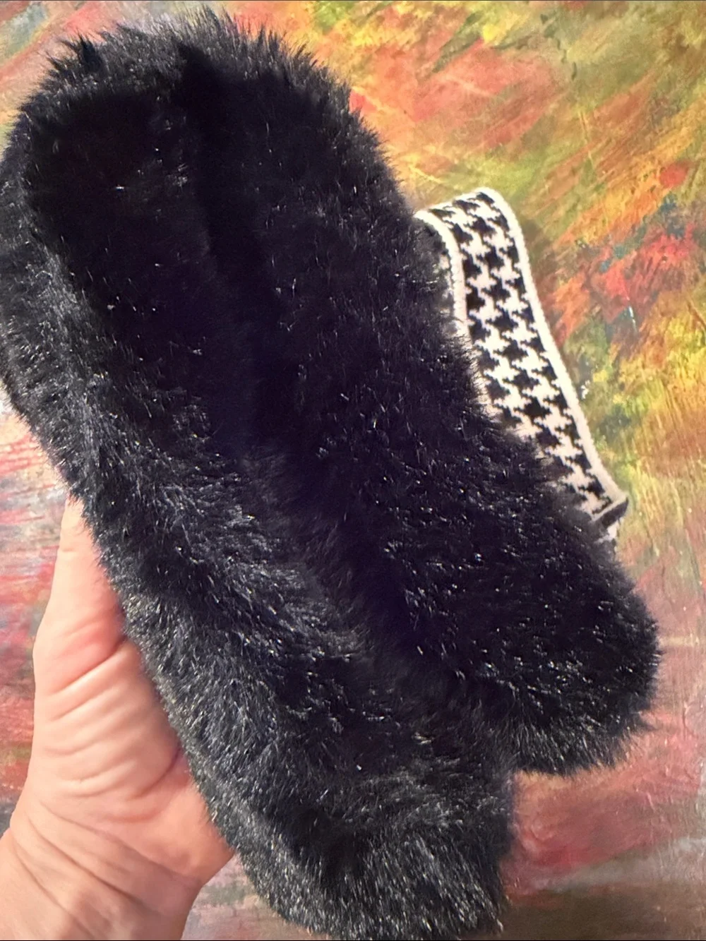 Faux Fur Neck Scarf Houndstooth Foulard Black White Tie